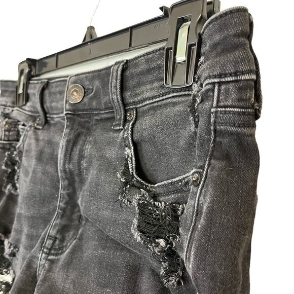 American Eagle Hi Rise Shortie Black Distressed Cut Off Goth Jean Shorts sz 6 - Picture 5 of 16